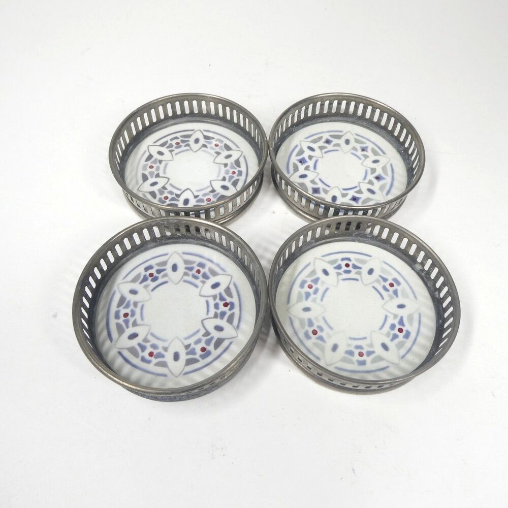4 Coasters Set Vintage Ceramic Geometric With Pierced Metal Rim